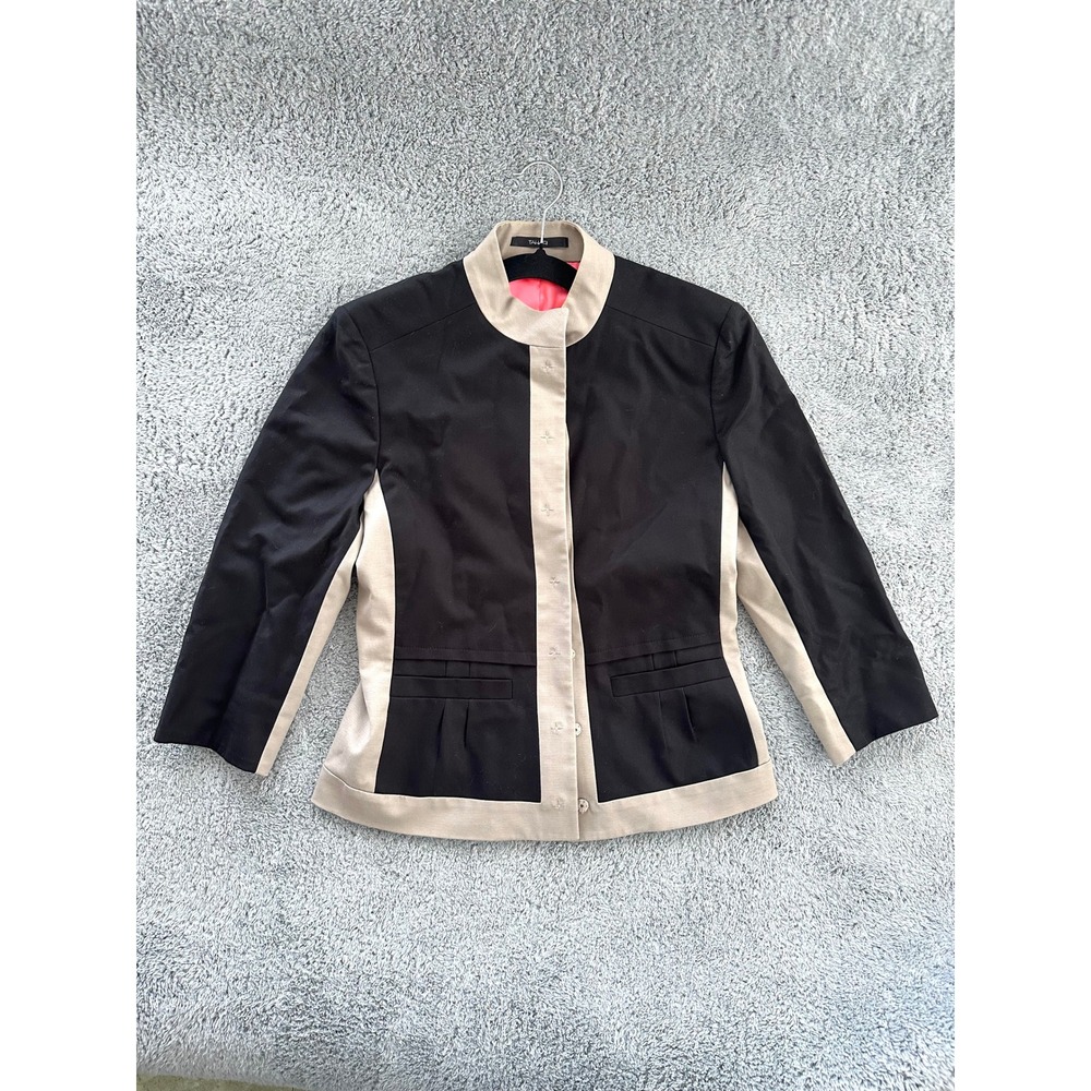 Tahari Womens 10 tan & black Blazer business casual hidden snap pink liner